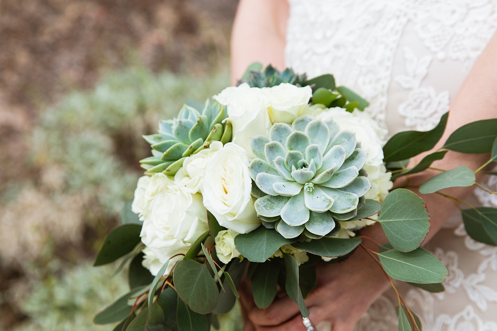 White and green wedding bouquet with white roses, succulents, and eucalyptus by Arizona wedding photographer PMA Photography.