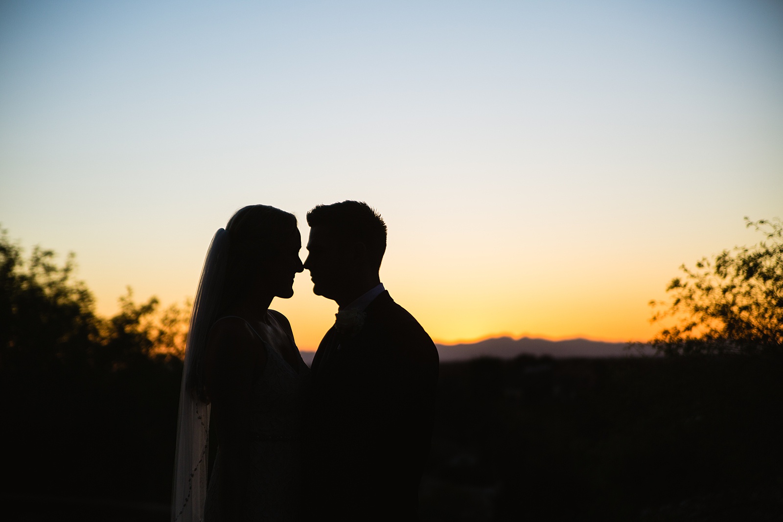Bride and Groom silhouetted at sunset their Wrigley Mansion wedding by Phoenix wedding photographer PMA Photography.
