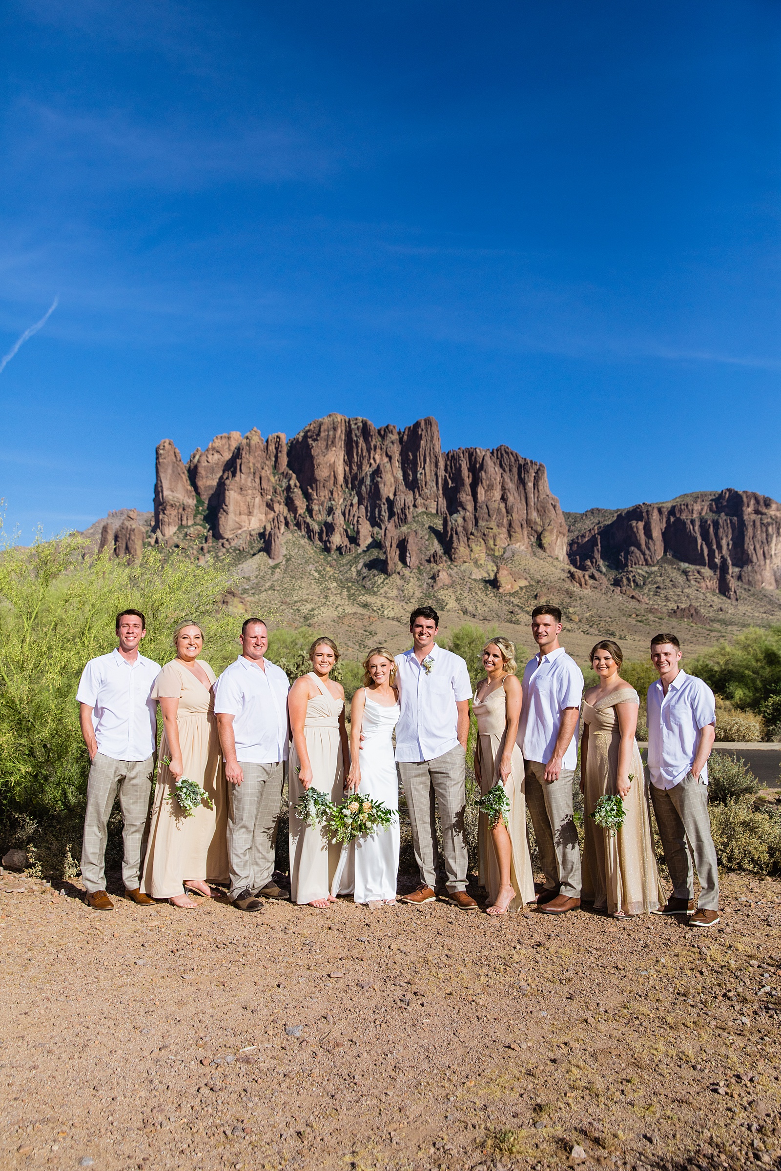 Bridal party together at a Superstition Mountain Micro wedding by Arizona wedding photographer PMA Photography.