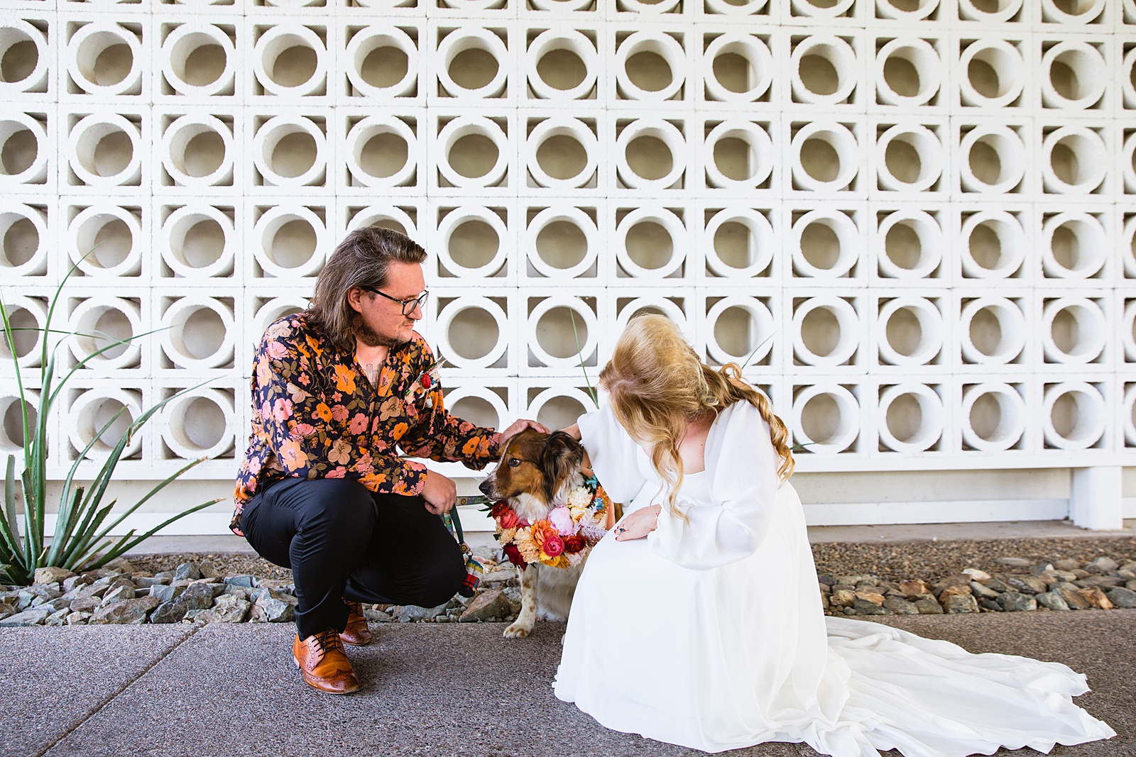 Bride and groom's first look with their dog at Mountain Shadows Resort by Phoenix wedding photographer PMA Photography.