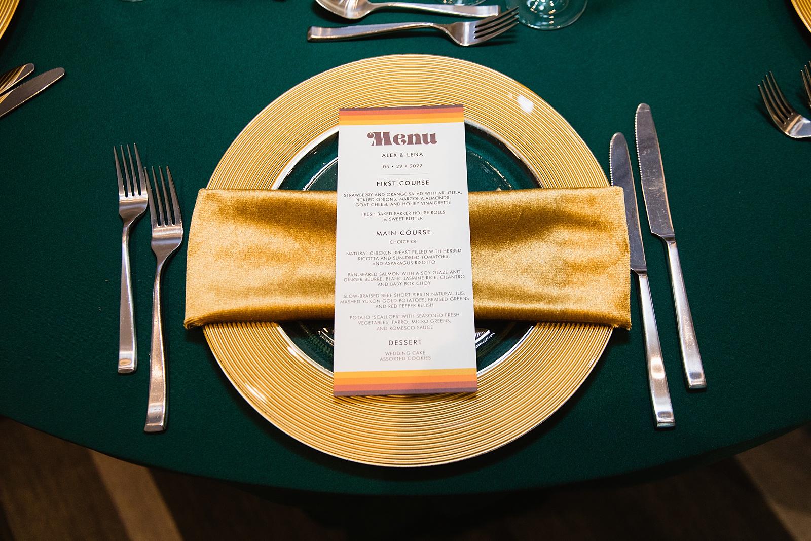 Retro Mid Century Modern menu and place settings at Mountain Shadows Resort wedding reception by Paradise Valley wedding photographer PMA Photography.