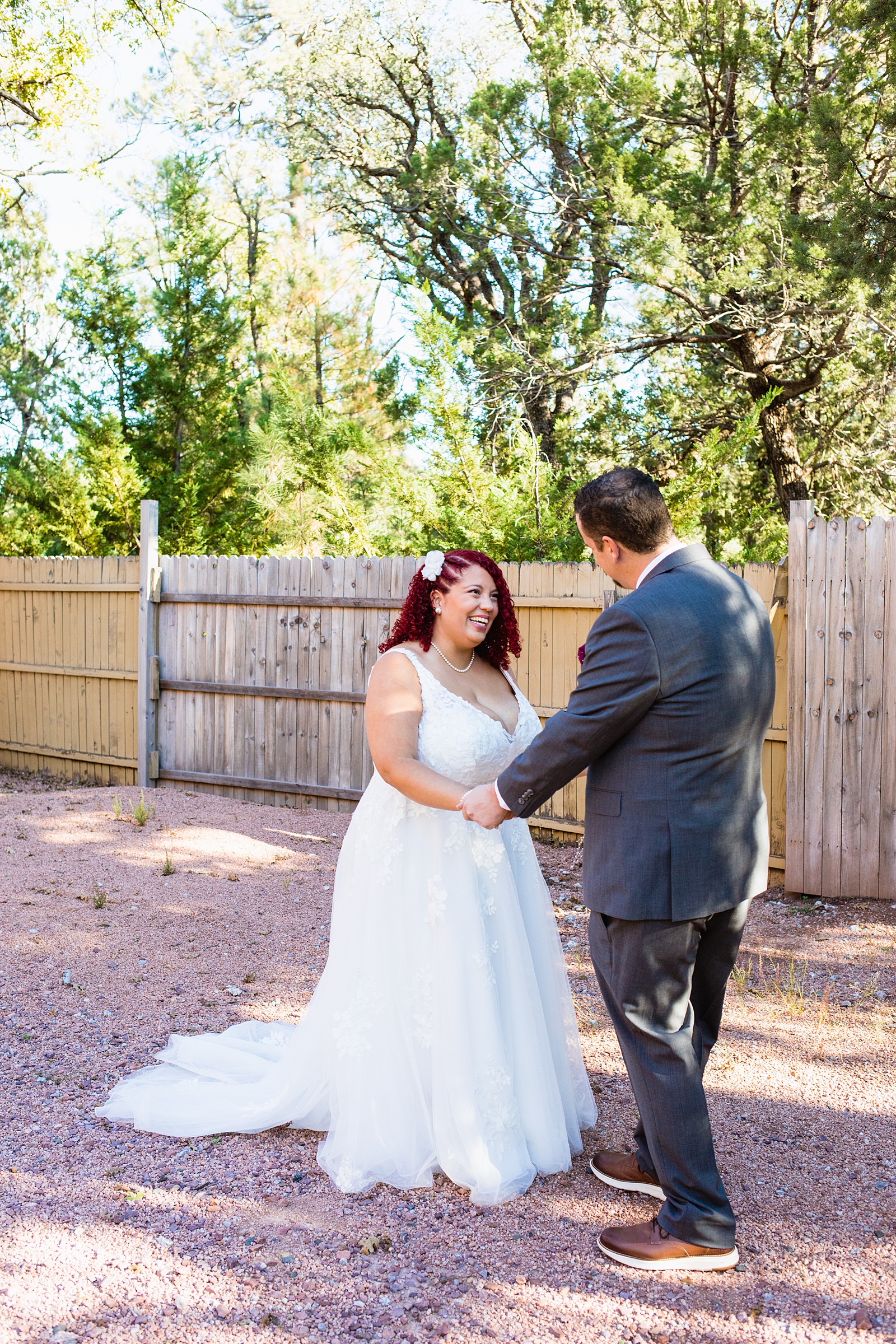 Adventurous couple's first look at Mogollon Rim by Arizona elopement photographer PMA Photography.