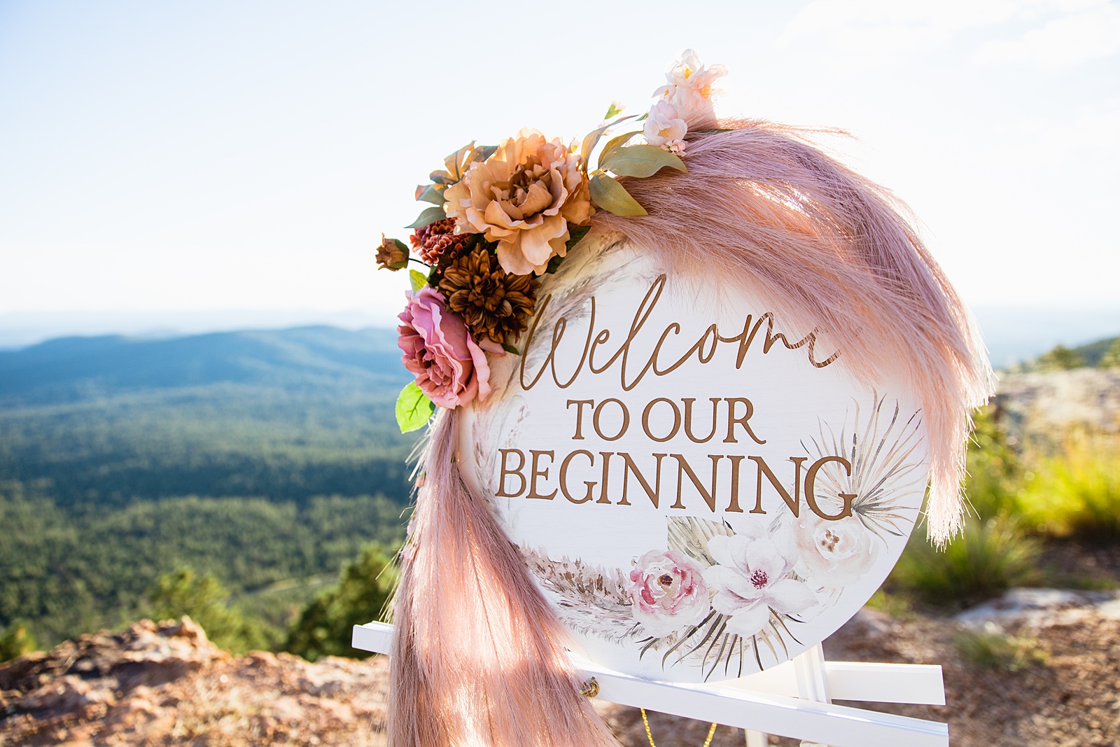 Welcome to our beginning sign at Wedding ceremony at Mogollon Rim by Arizona elopement photographer PMA Photography.
