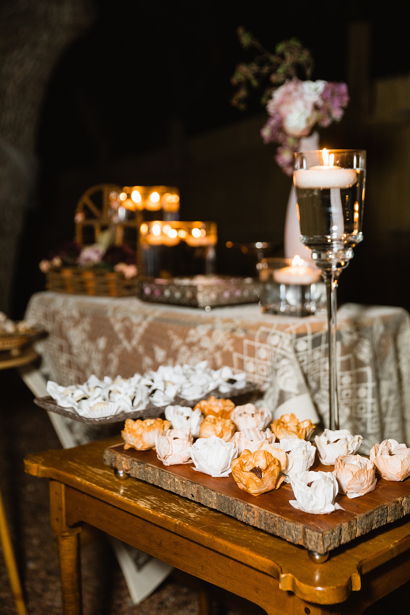 Brigadeiro dessert table instead of cake table at Mogollon Rim wedding reception by Arizona wedding photographer PMA Photography.