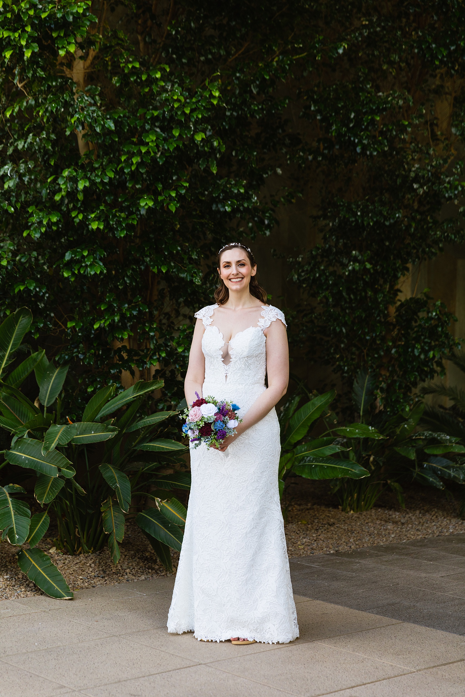 Bride's Low V Sweetheart wedding dress for her Chandler Community Center wedding by PMA Photography.