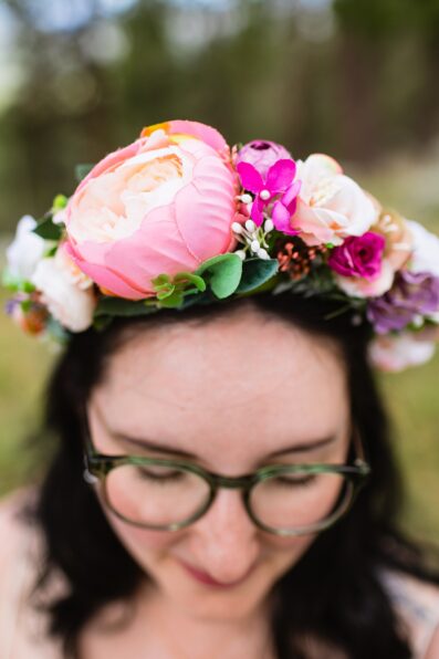 Bride's wedding day details of flower crown by PMA Photography.