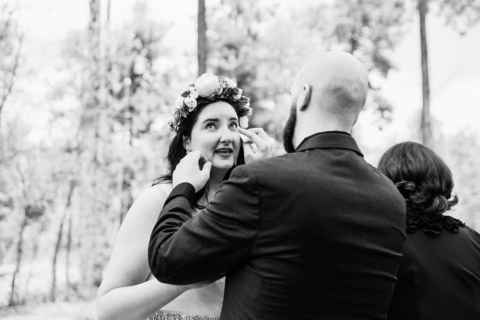 Bride & Groom crying together during their Mogollon Rim elopement by Payson elopement photographer PMA Photography.