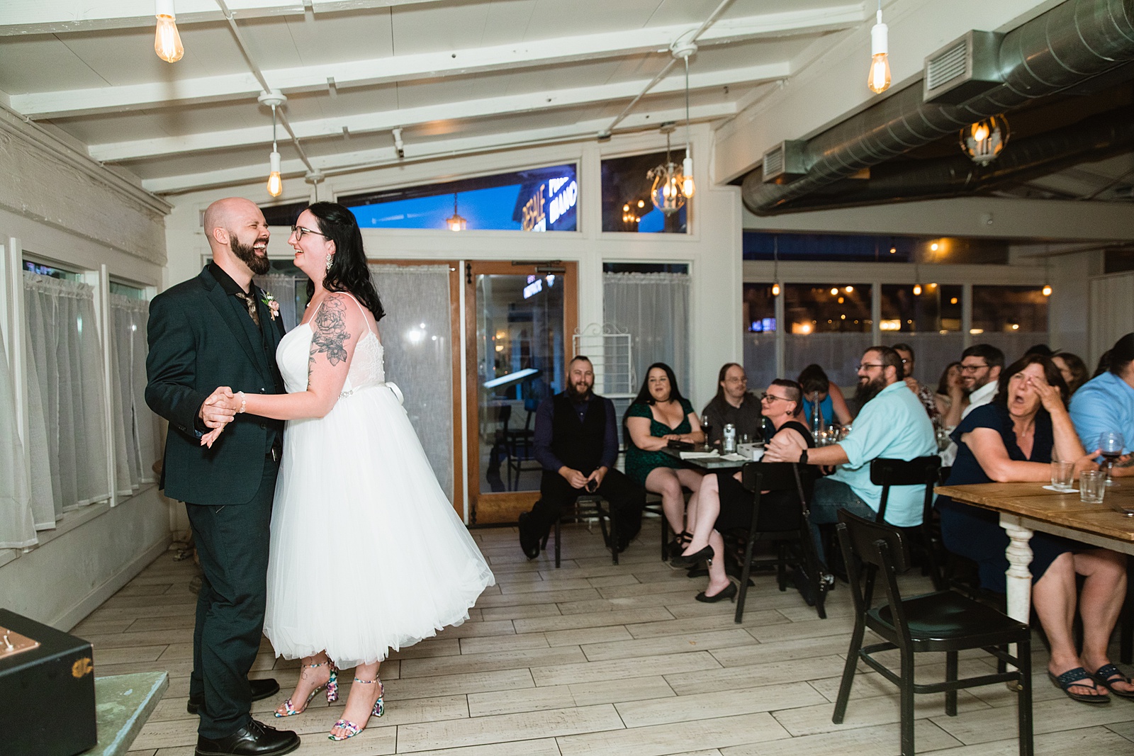Bride & Groom dancing together during their Mogollon Rim intimate wedding by Payson elopement photographer PMA Photography.