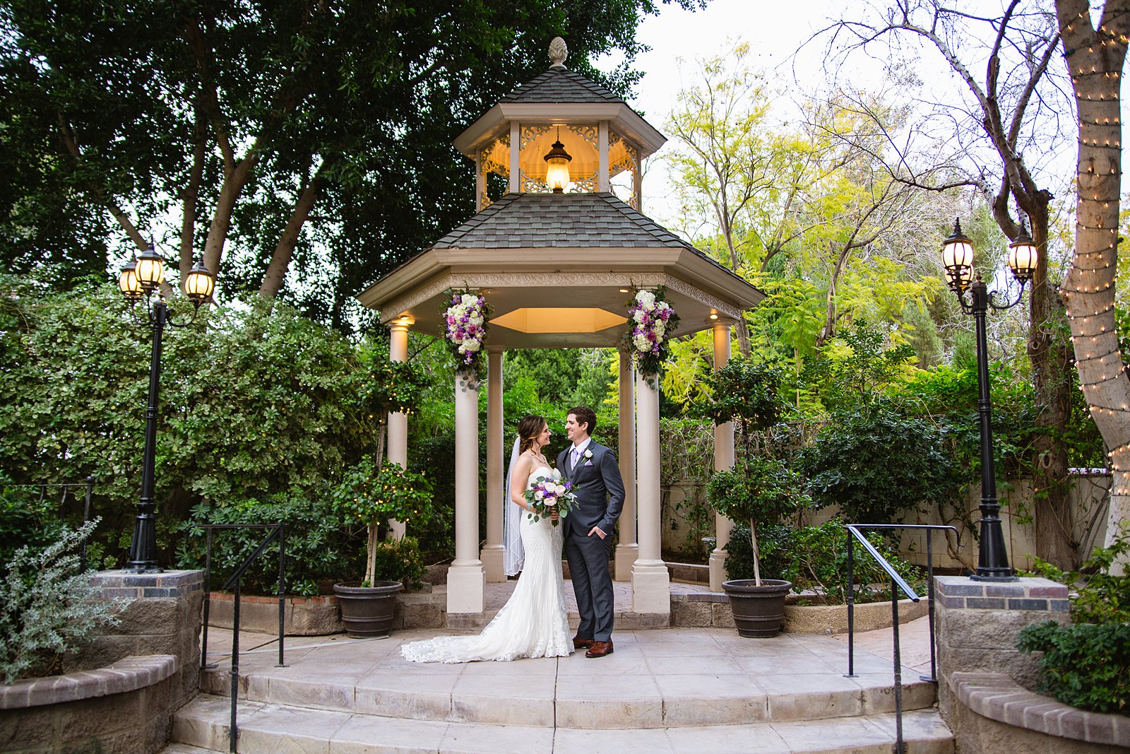 Bride and Groom pose for their The Wright House wedding by Mesa wedding photographer PMA Photography.