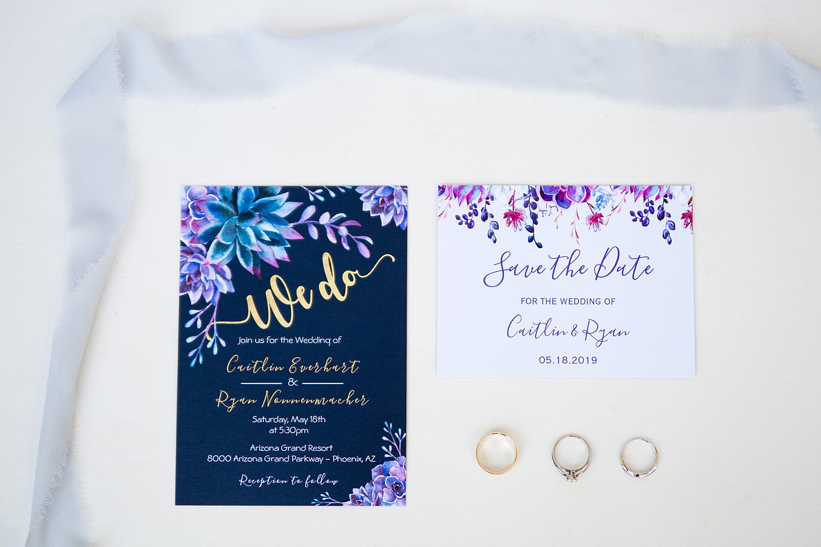 Blue and purple floral wedding stationary by Phoenix wedding photographer PMA Photography.