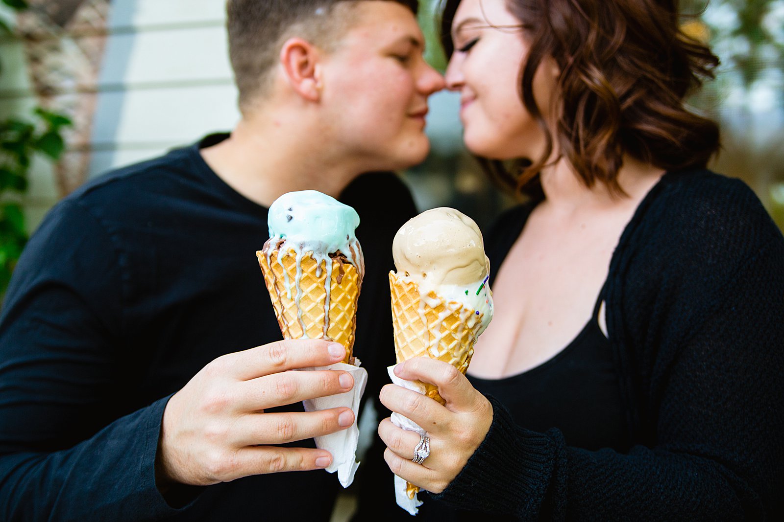 Detail image of engagement ring and ice cream cones during during engagement session by PMA Photography.