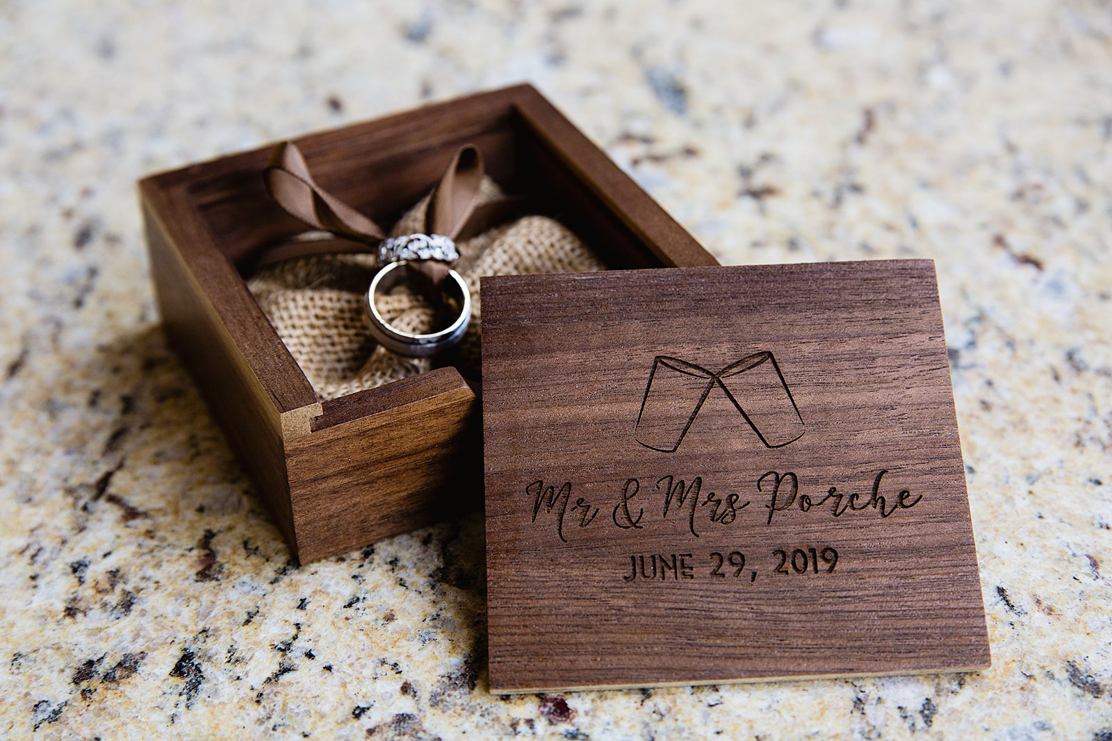 Toasting glasses wooden ring box for a brewery inspired wedding by PMA Photography.
