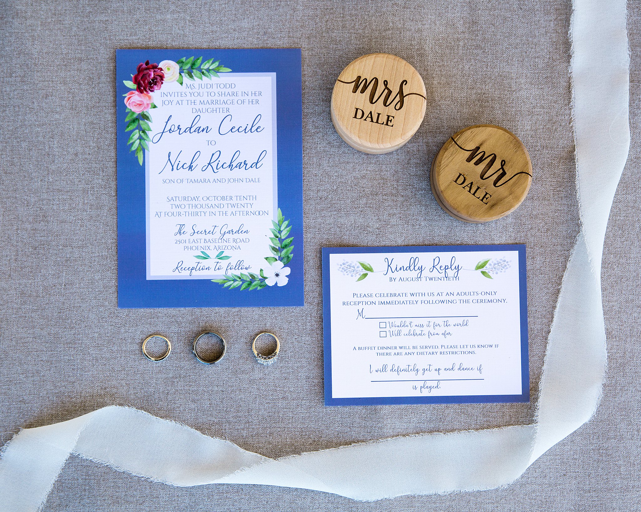 Garden wedding stationary and custom mr and mrs ring boxes by PMA Photography.