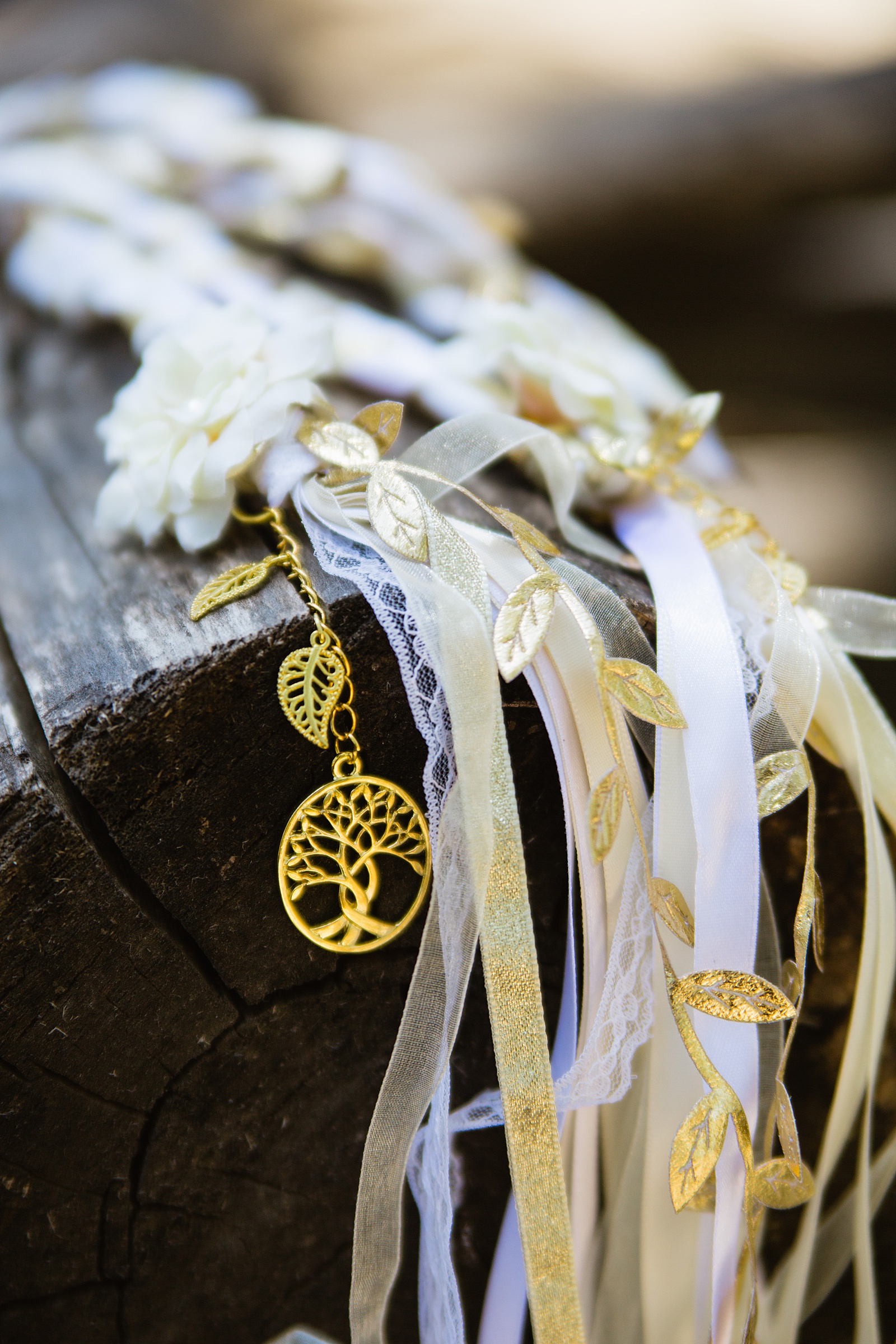 Gold and white handfasting chords with leaf and tree charms by Arizona wedding photographer PMA Photography.