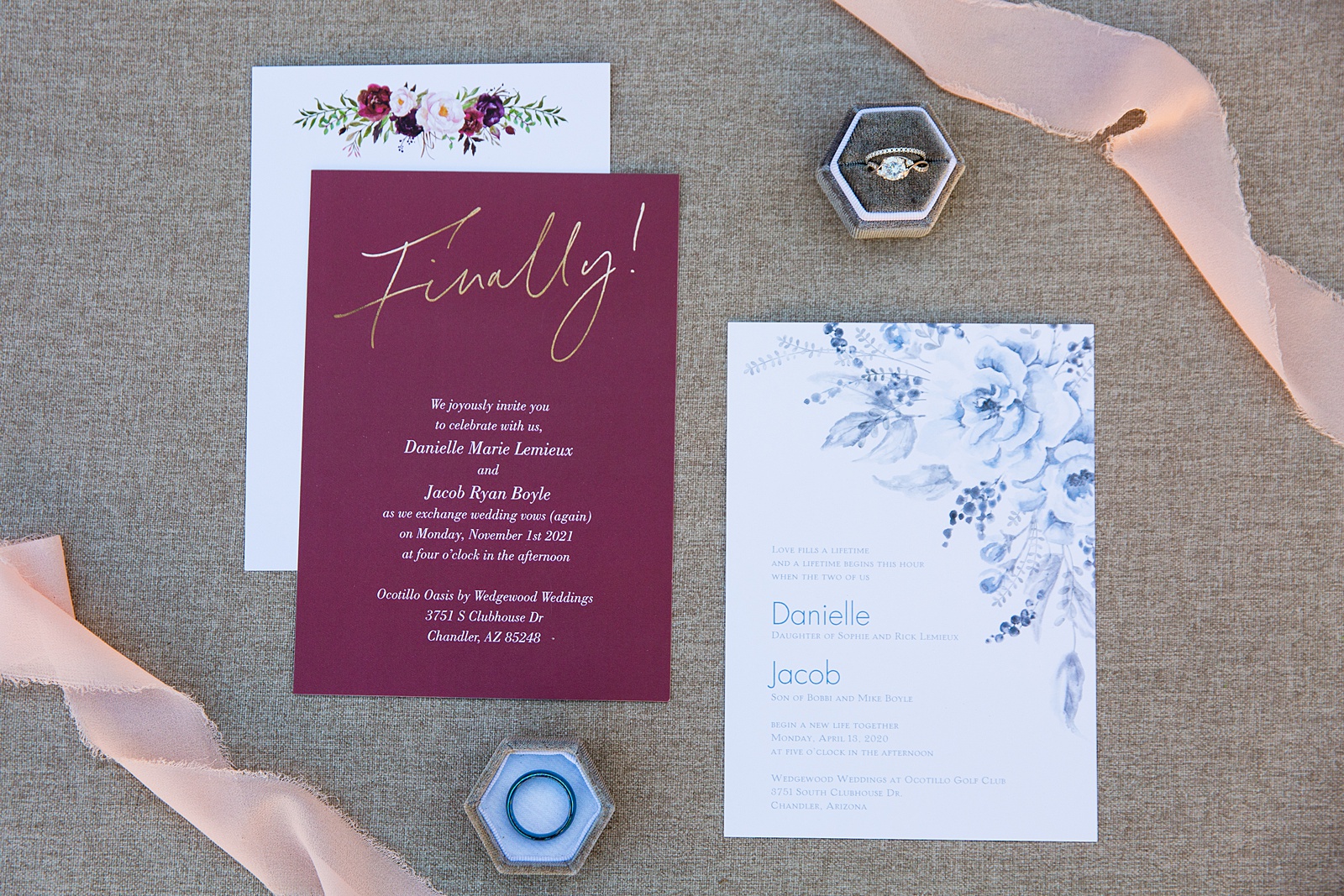 Maroon and White wedding invitation suite with wedding rings by Arizona wedding photographer PMA Photography.